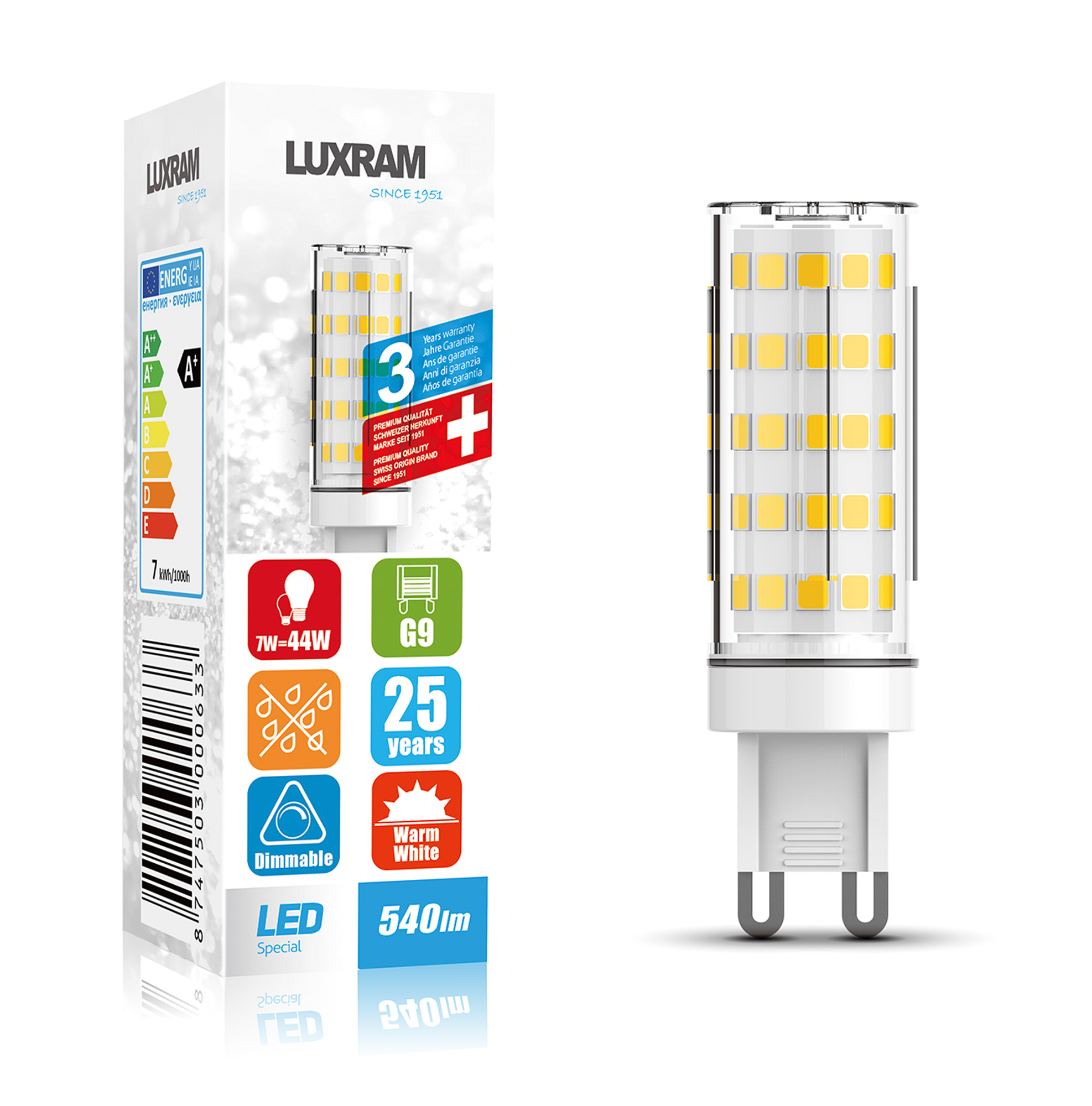 750300063  Pixy LED G9 7W 3000K Dimmable 540lm